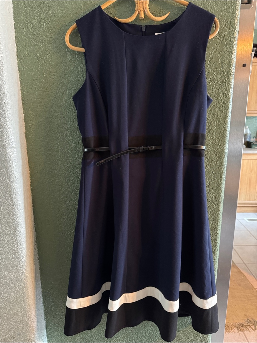 Calvin Klein Navy Fit-and-Flare Dress with White Hem and Black Waist